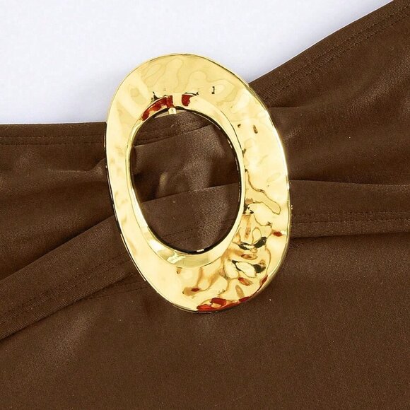 Brown Casual Women's All Hollow Metallic Decor Bodysuit - Picture 5 of 7